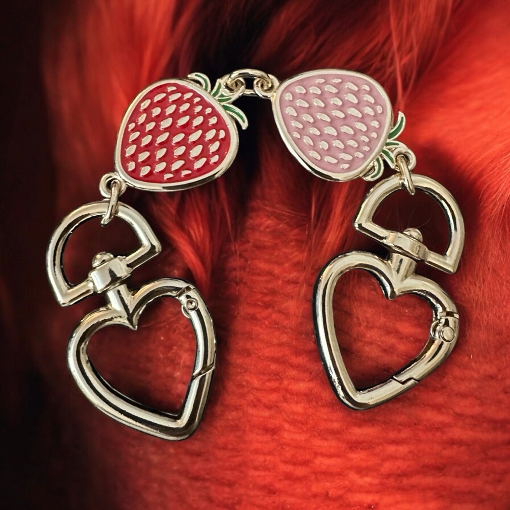 Strawberry & Hearts Bag Charm & Keychain with Red & Pink Charms Gold Chain - Picture 1 of 8